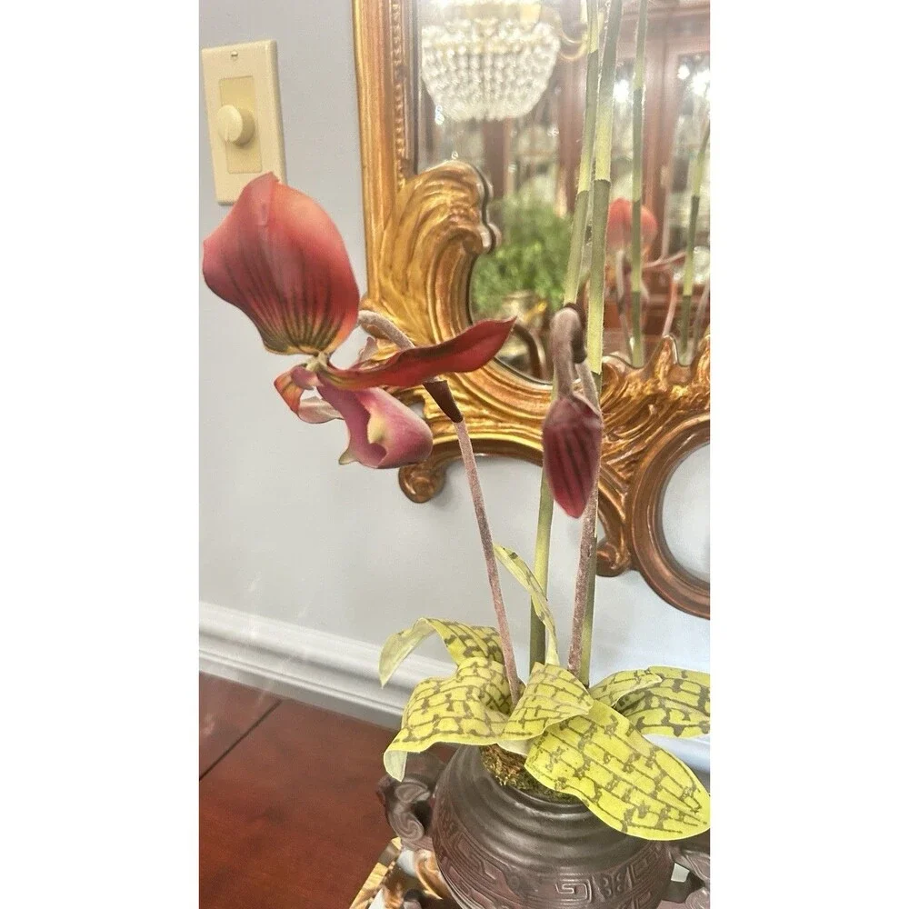 Pair Of Faux Burgundy Orchids in Chinese Resin Footed Bowl 21